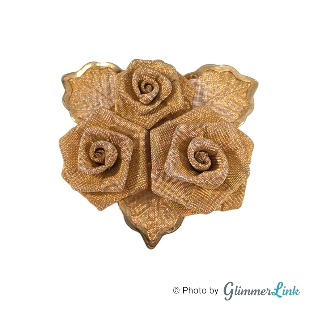 Vintage Triple Rose Leaves Mesh Gold Tone Brooch Pin